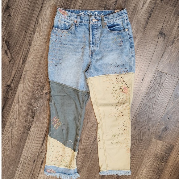 FREE PEOPLE We The Free Patchwork Jeans High Rise Straight Leg Denim Size 27 - Picture 1 of 7